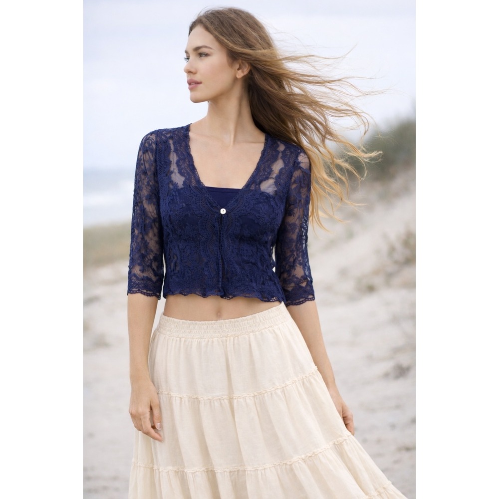 Y2K Chris McLaughlin Lace Cardigan Womens M Blue Sheer Embroidered Boho Cottage
